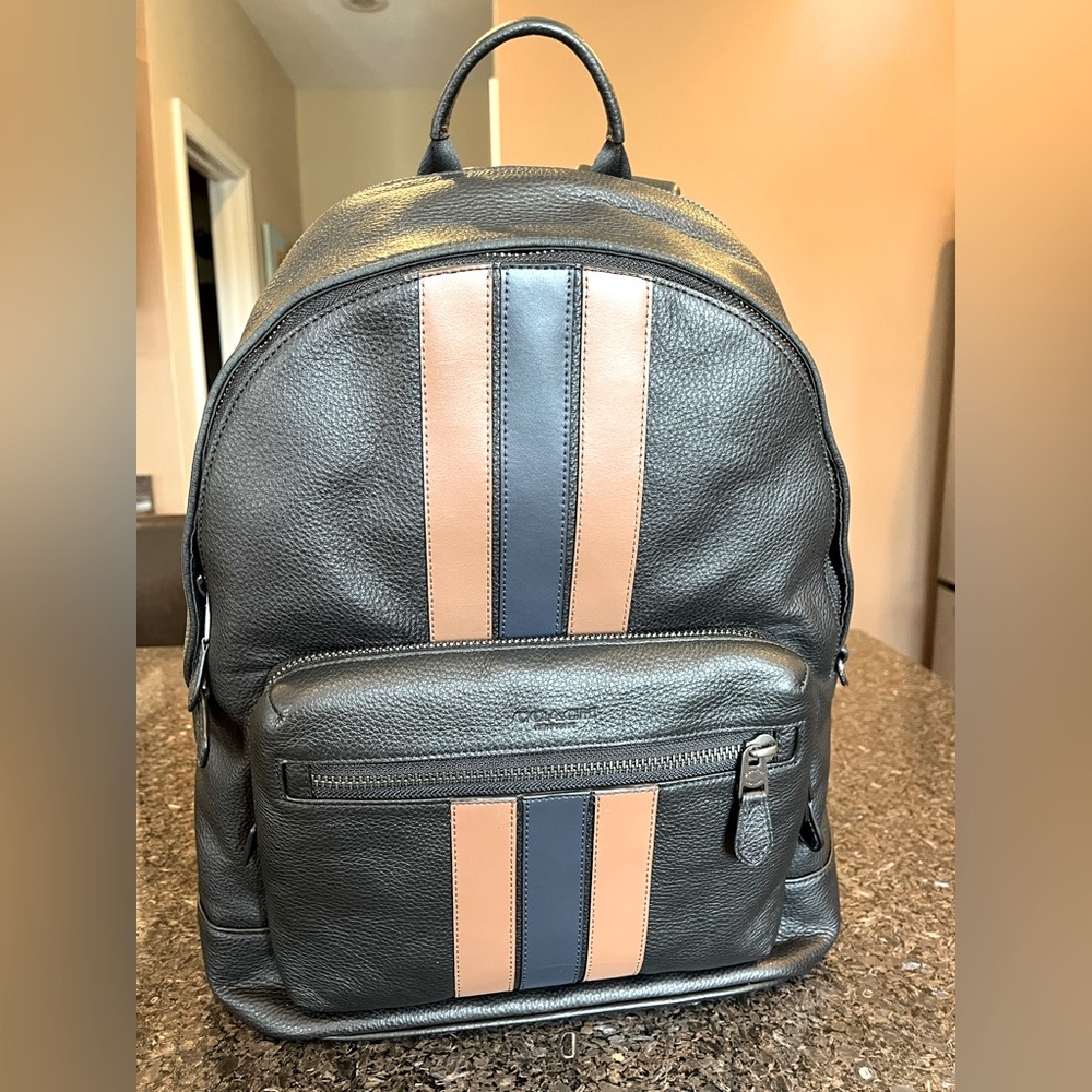 Coach Men’s Charles Varsity Stripe Brown/Blue/Black Leather Backpack NWOT.